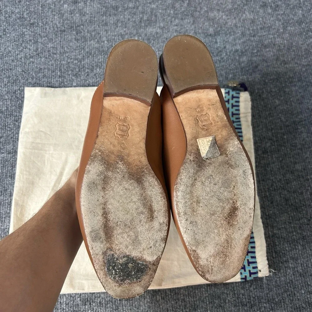 Tory Burch Loafer Shoes Womens Size 8.5 Brown Leather Mule Slip On Bit Logo
